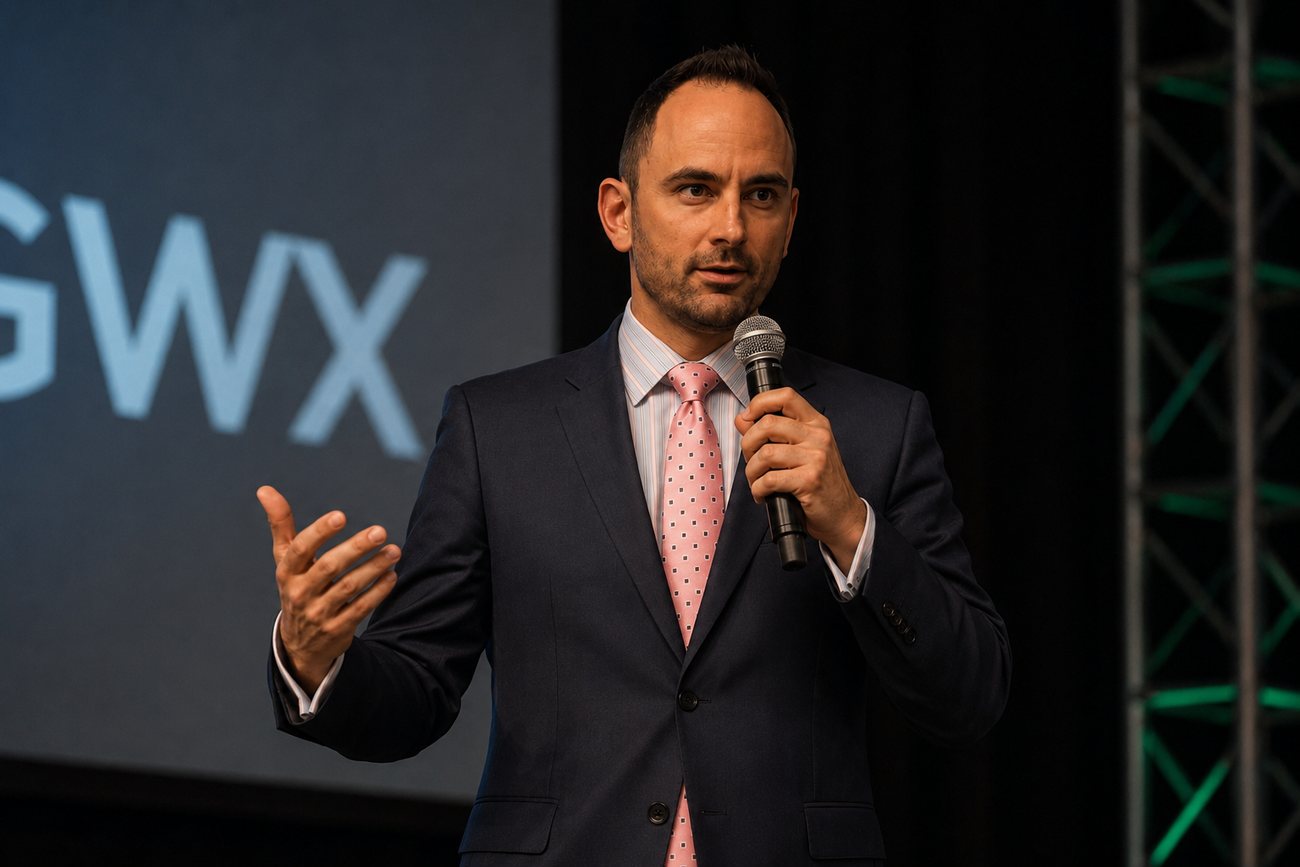 Marc Calamia speaking on stage at the Sageworx summit